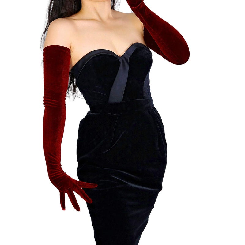 DooWay Women Extra Long Velvet Gloves Stretch 28 inches 1920s Party Evening Wedding Prom Accessories Burgundy - Image 4